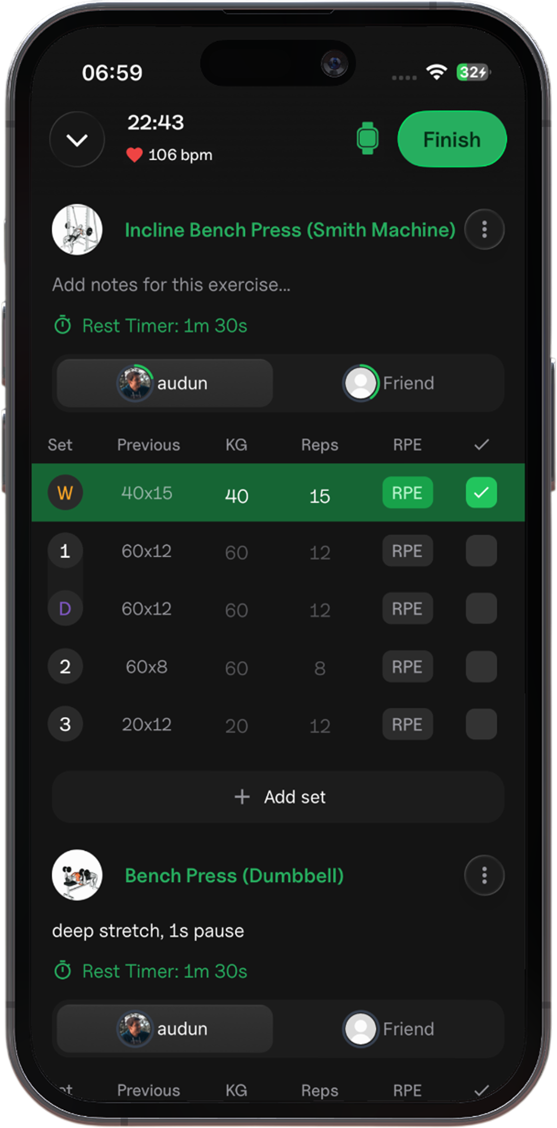 App screenshot showing workout logger