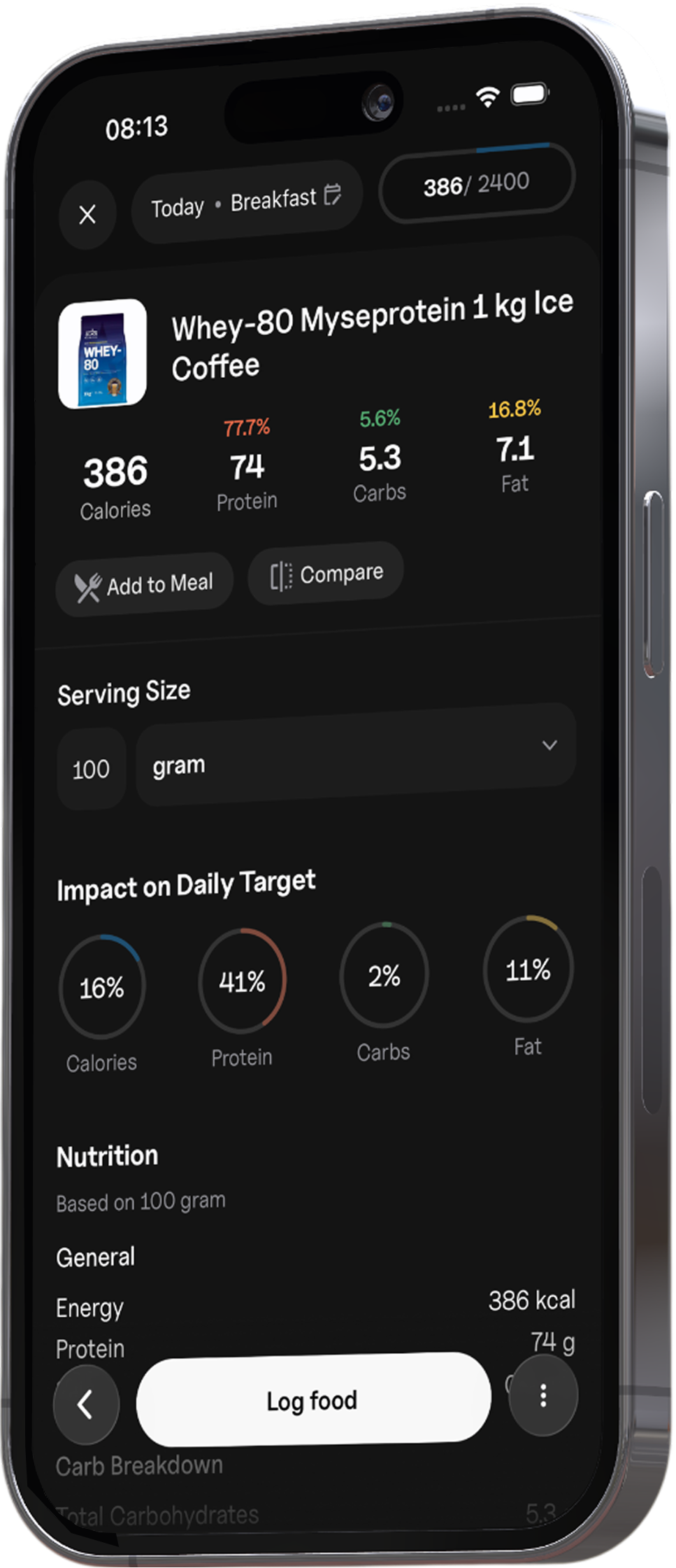 App screenshot showing diet tracking
